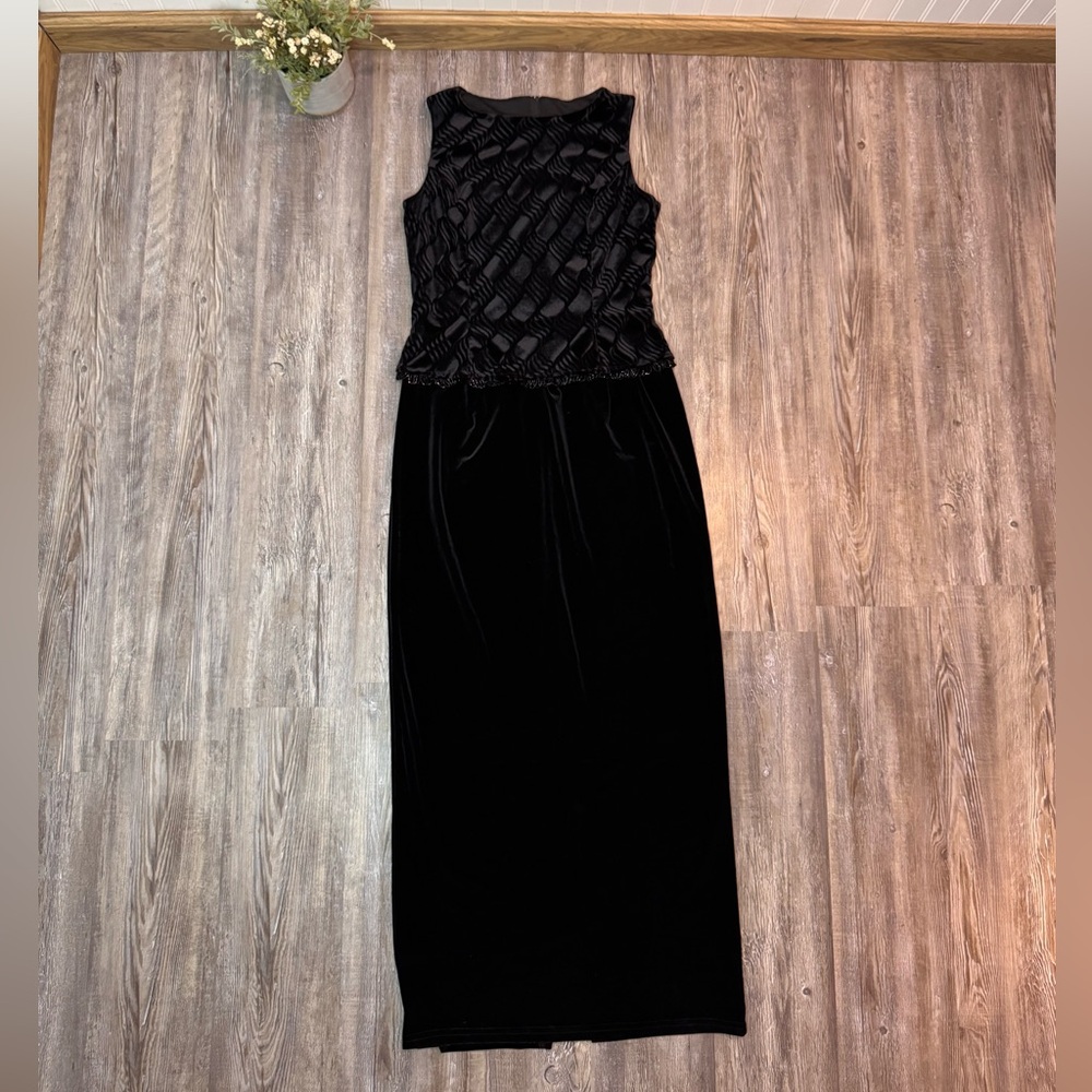 Jessica McClintock Womens Vintage Black Velvet Beaded Maxi Slit Party Dress 12